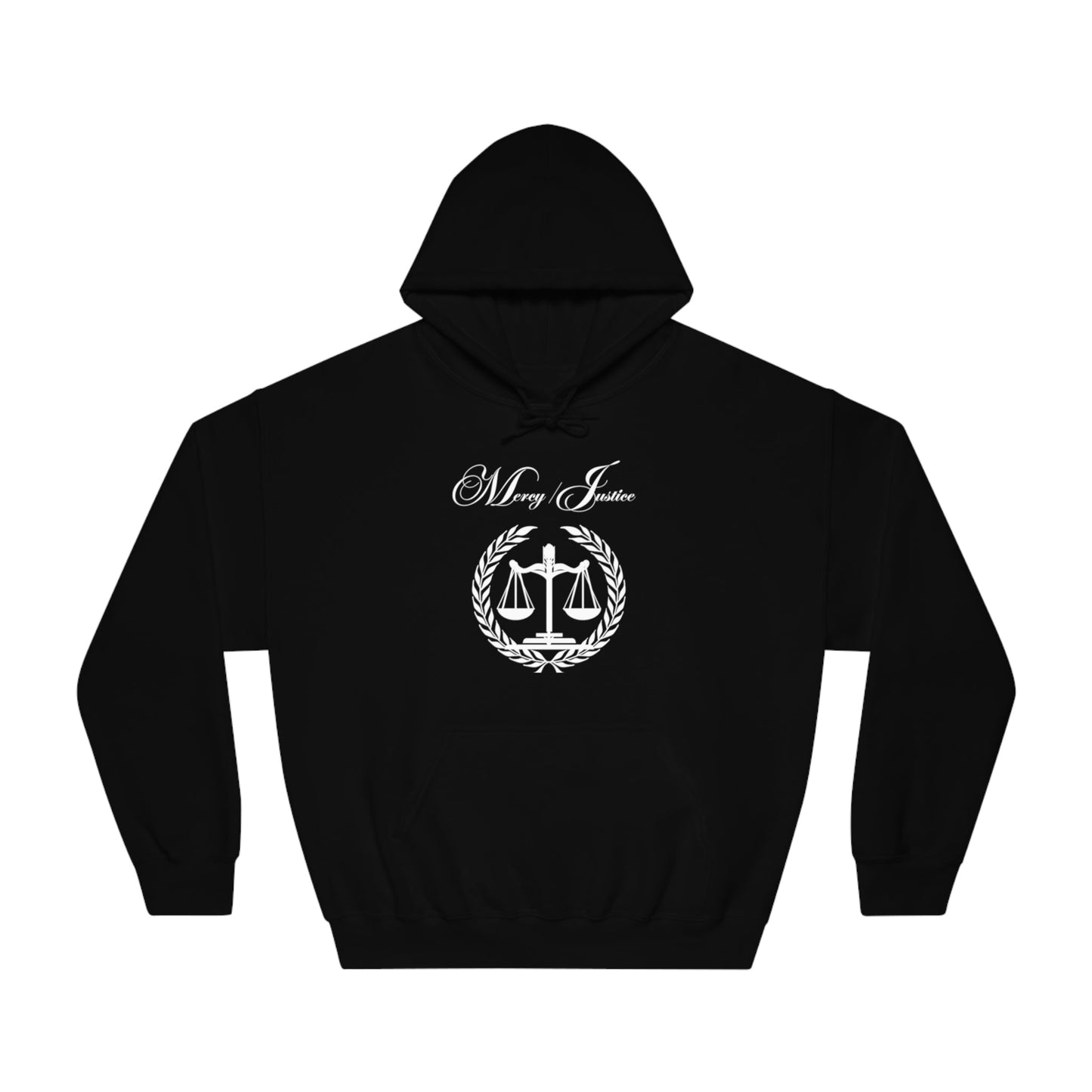 Mercy/Justice White Letters Unisex DryBlend® Hooded Sweatshirt - criminaljusticereformationalliancestore.com