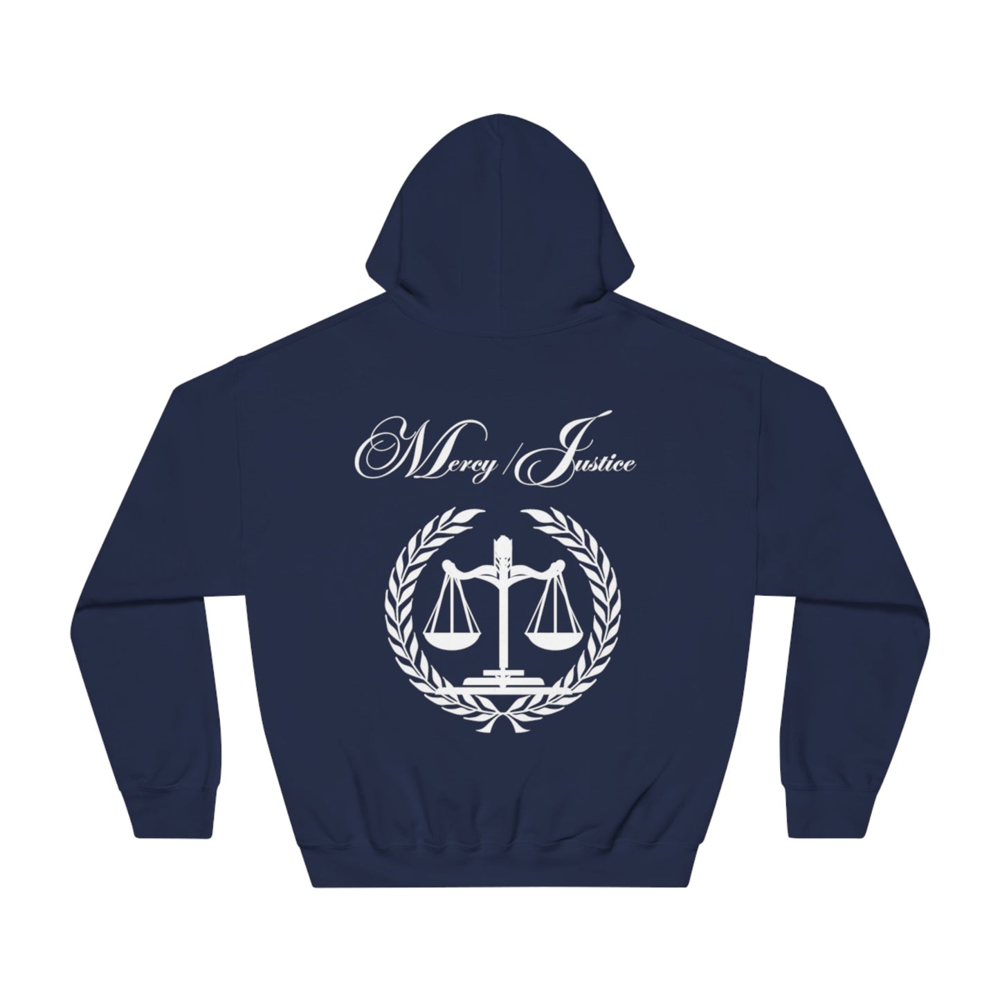 Mercy/Justice White Letters Unisex DryBlend® Hooded Sweatshirt - criminaljusticereformationalliancestore.com