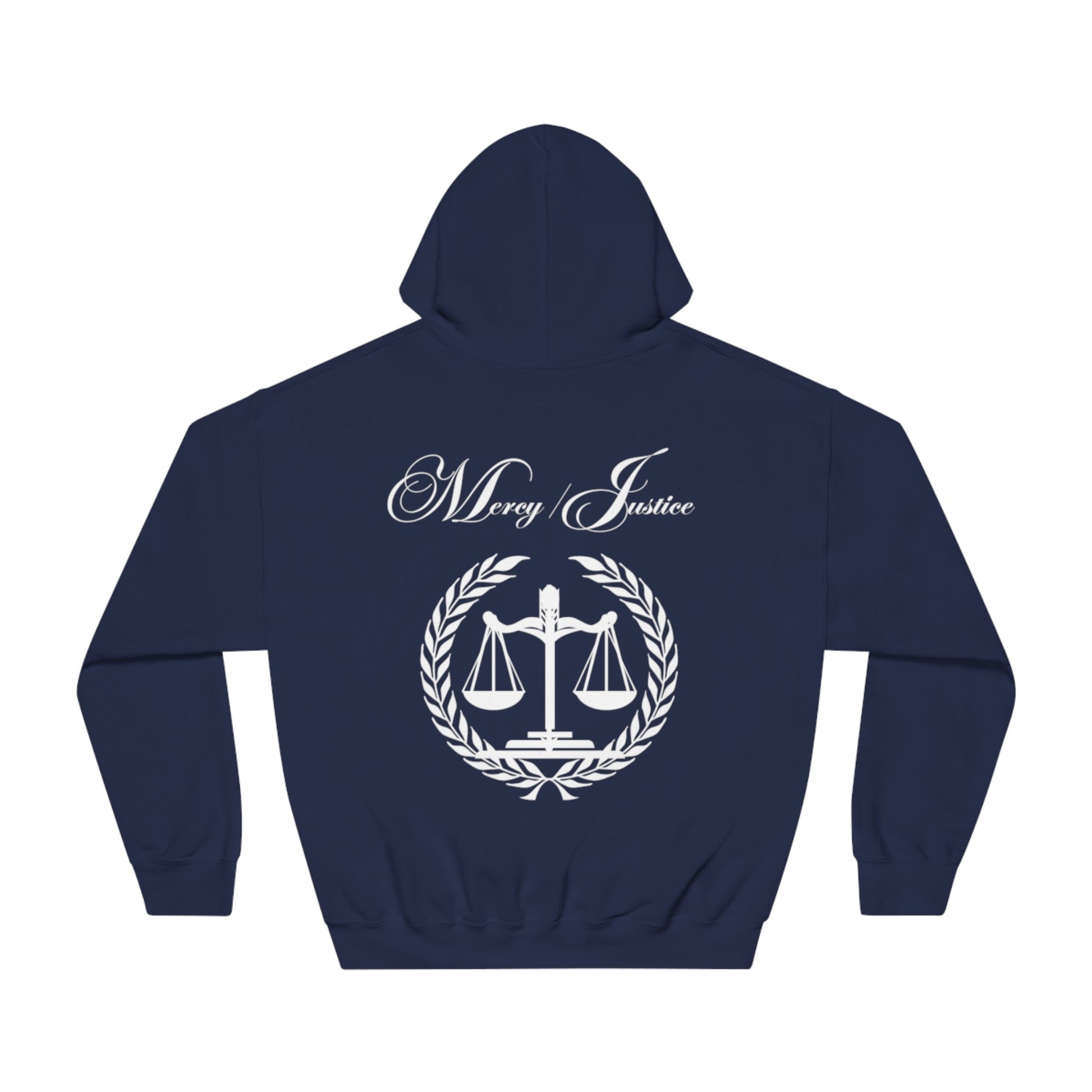 Mercy/Justice White Letters Unisex DryBlend® Hooded Sweatshirt - criminaljusticereformationalliancestore.com