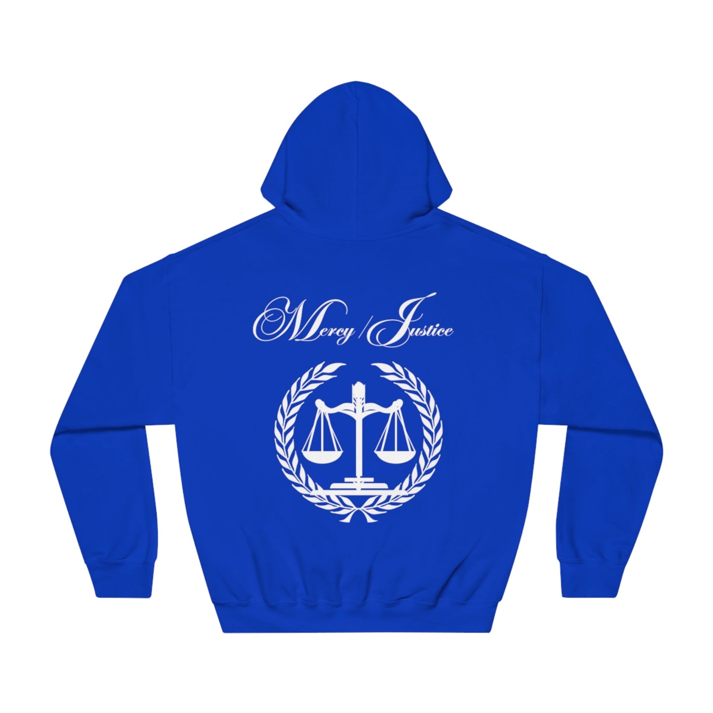 Mercy/Justice White Letters Unisex DryBlend® Hooded Sweatshirt - criminaljusticereformationalliancestore.com